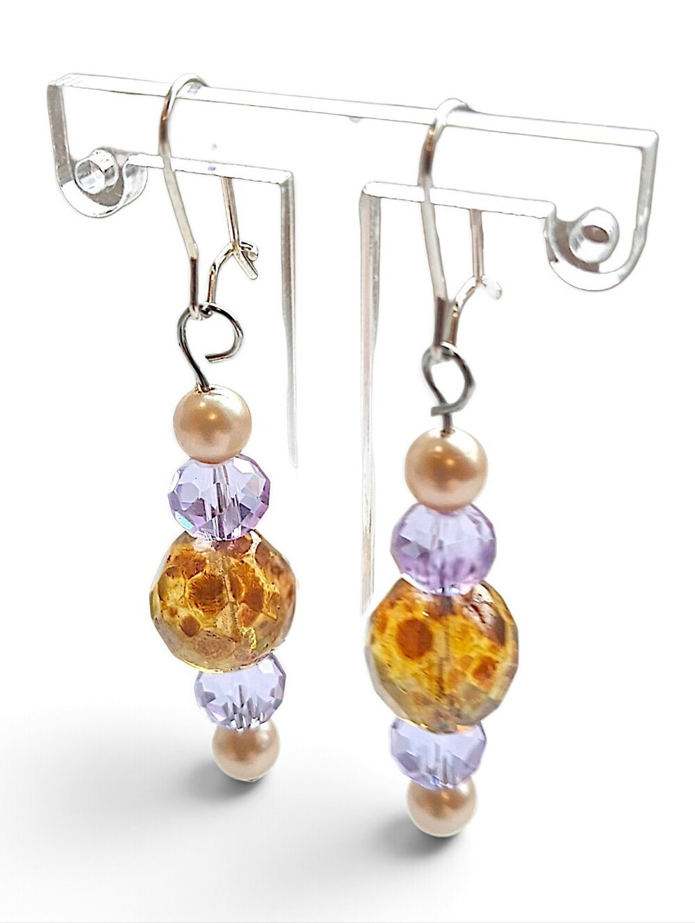 Handcrafted Purple Gold Glowing Bead Drop Earrings Crystal Amber Amethyst Pretty